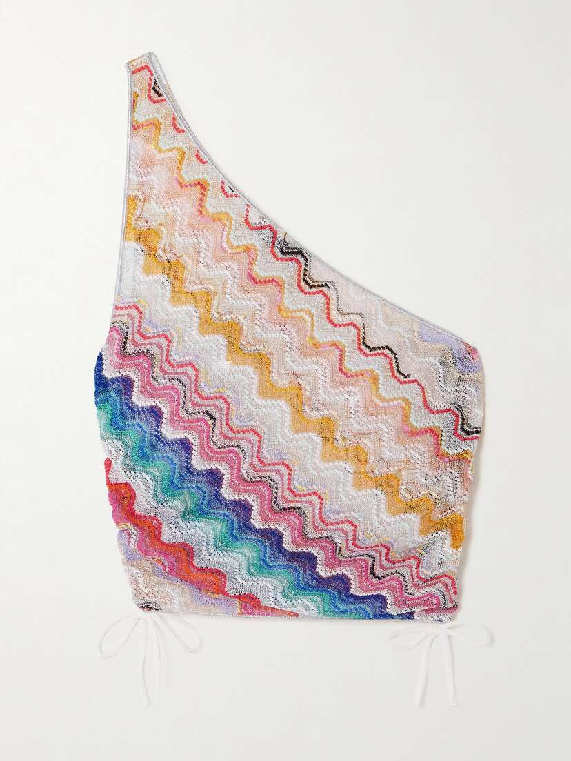 Missoni One-shoulder Tie-detailed Striped Metallic Crochet-knit Top