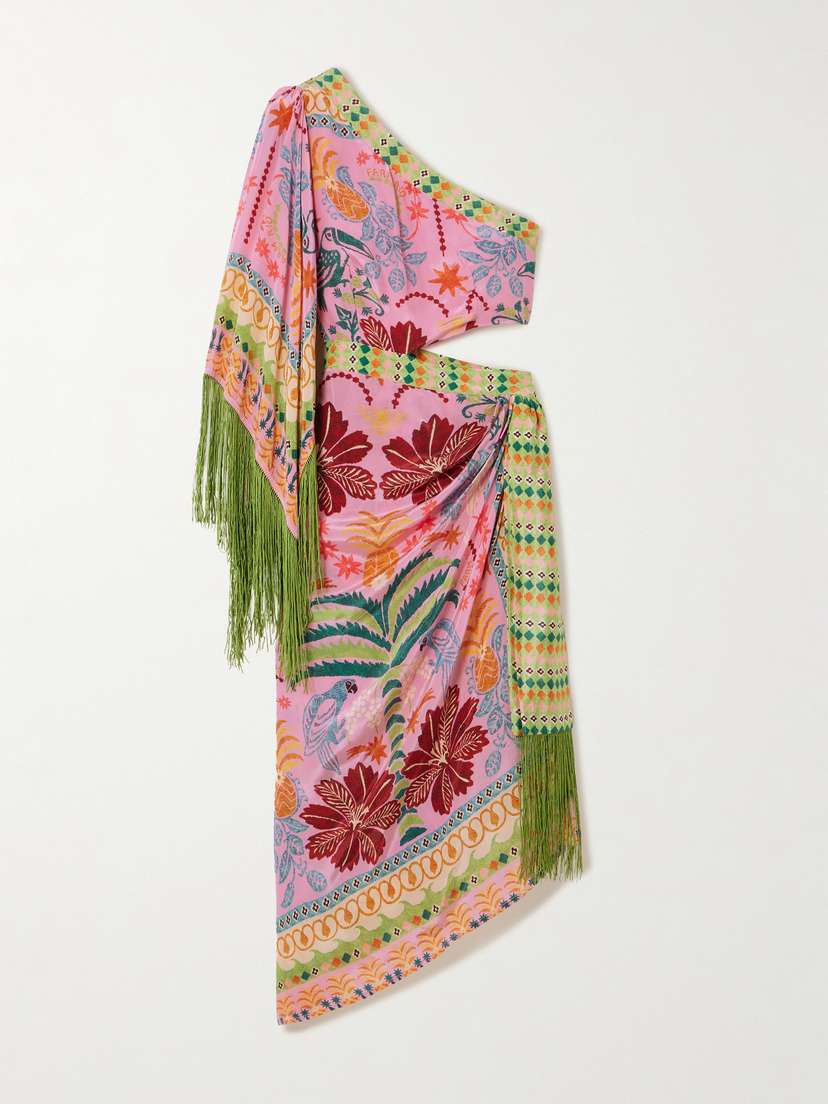Farm Rio Fruits Queen One-shoulder Cutout Fringed Printed Crepe De Chine Dress - x large
