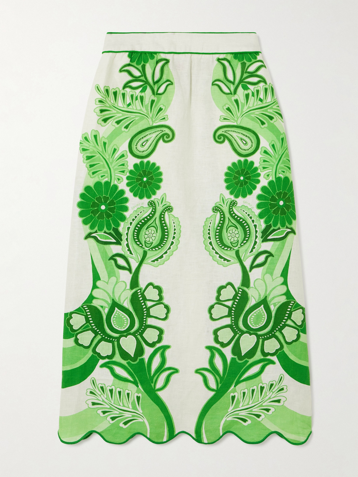 Farm Rio Scalloped Printed Linen Midi Skirt In Green