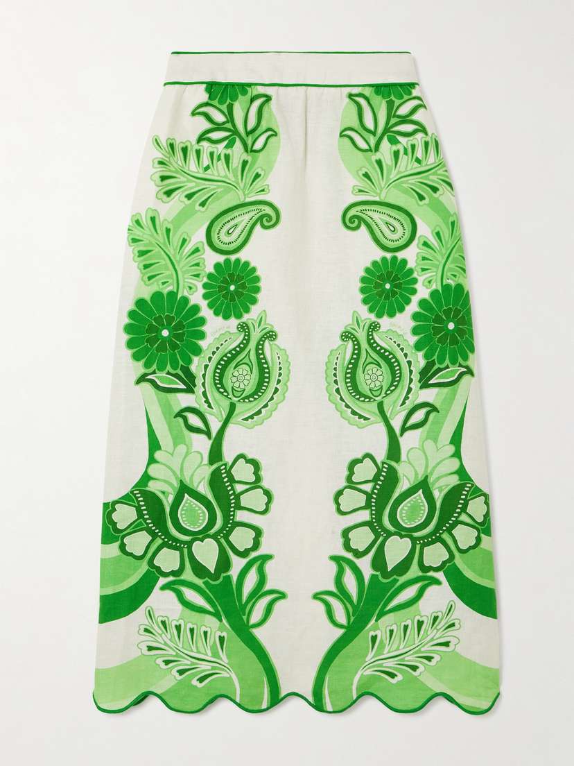 Farm Rio Scalloped Printed Linen Midi Skirt
