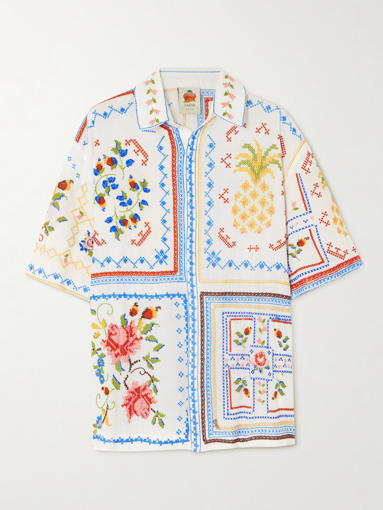 Farm Rio White Shirt With Short Sleeves In Techno Fabric Woman In Multi