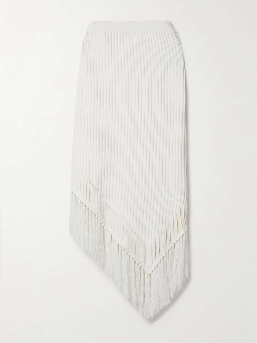 Cult Gaia Tonisha Asymmetric Fringed Ribbed-knit Midi Skirt
