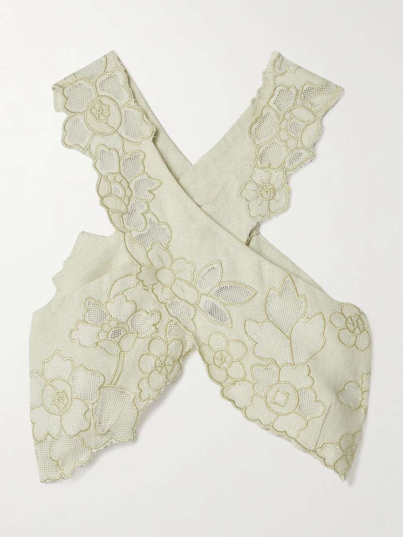 Cult Gaia Matias Cropped Mesh-trimmed Embroidered Linen Top
