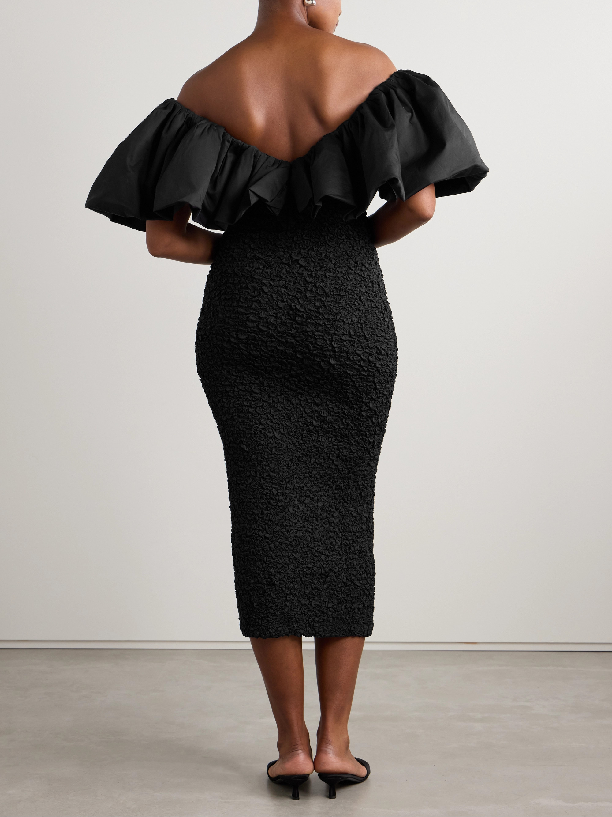 Mara Hoffman Zia off-the-shoulder ruffled poplin-trimmed popcorn organic cotton midi dress