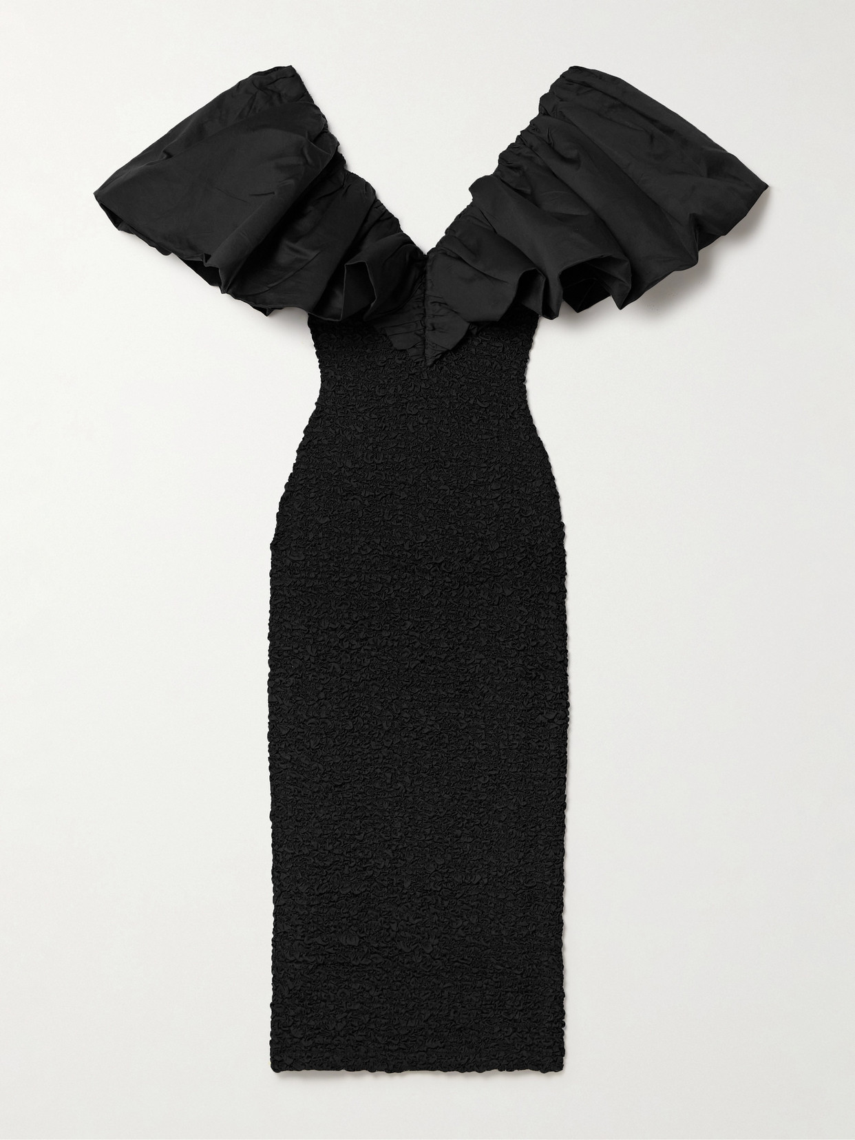 Mara Hoffman Zia Off-the-shoulder Ruffled Poplin-trimmed Popcorn Organic Cotton Midi Dress In Black