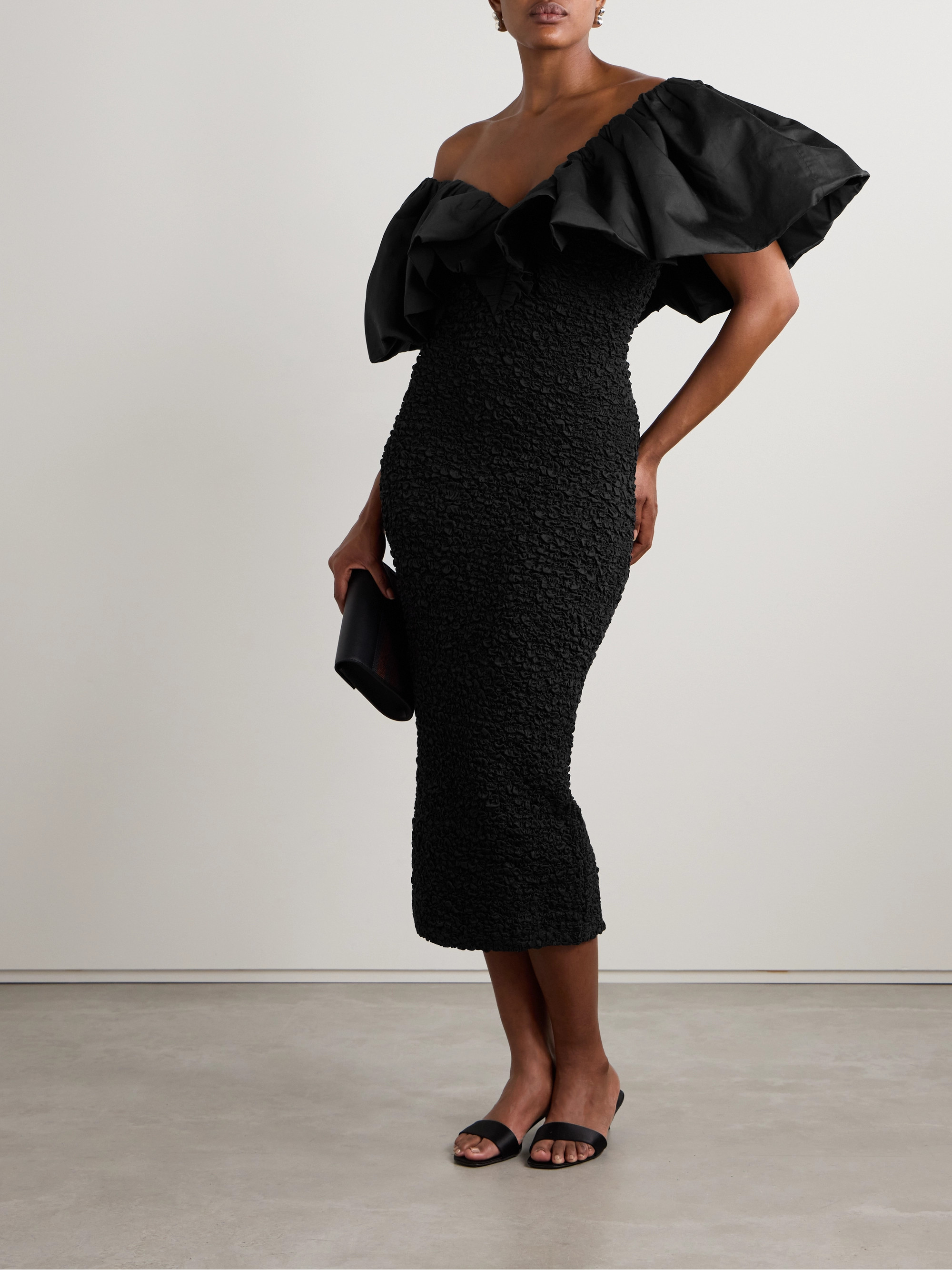 Mara Hoffman Zia off-the-shoulder ruffled poplin-trimmed popcorn organic cotton midi dress