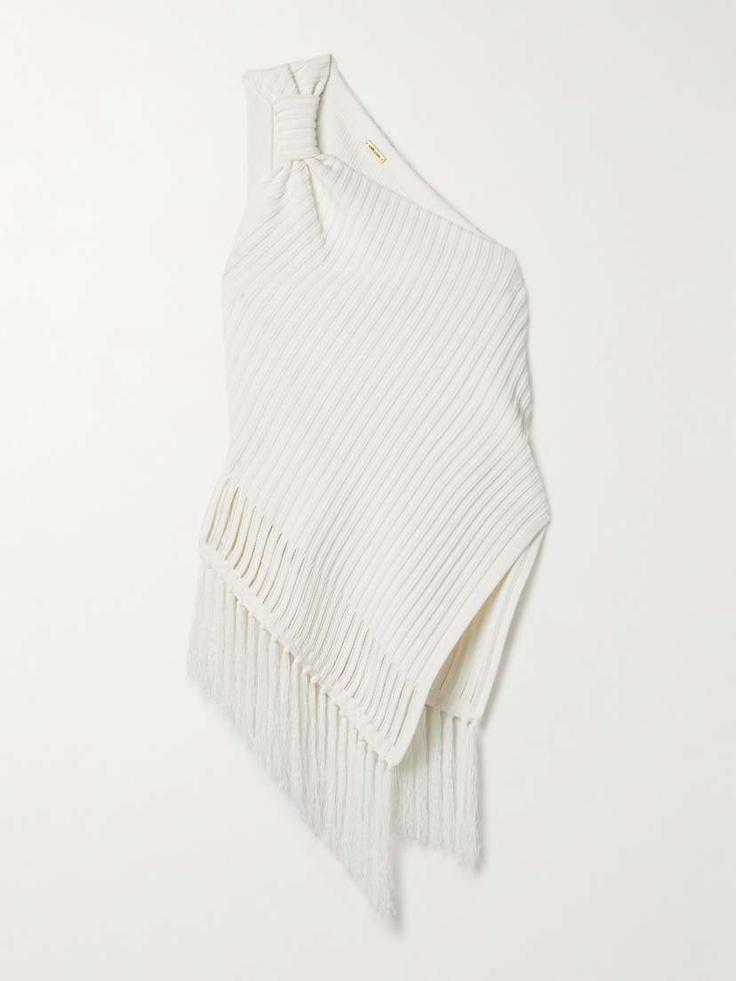 Cult Gaia Trista One-shoulder Fringed Asymmetric Ribbed-knit Top