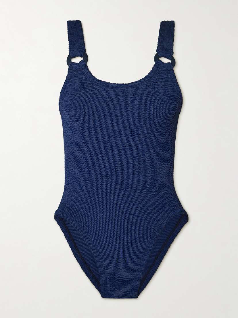 Hunza G Domino Embellished Metallic Seersucker Swimsuit