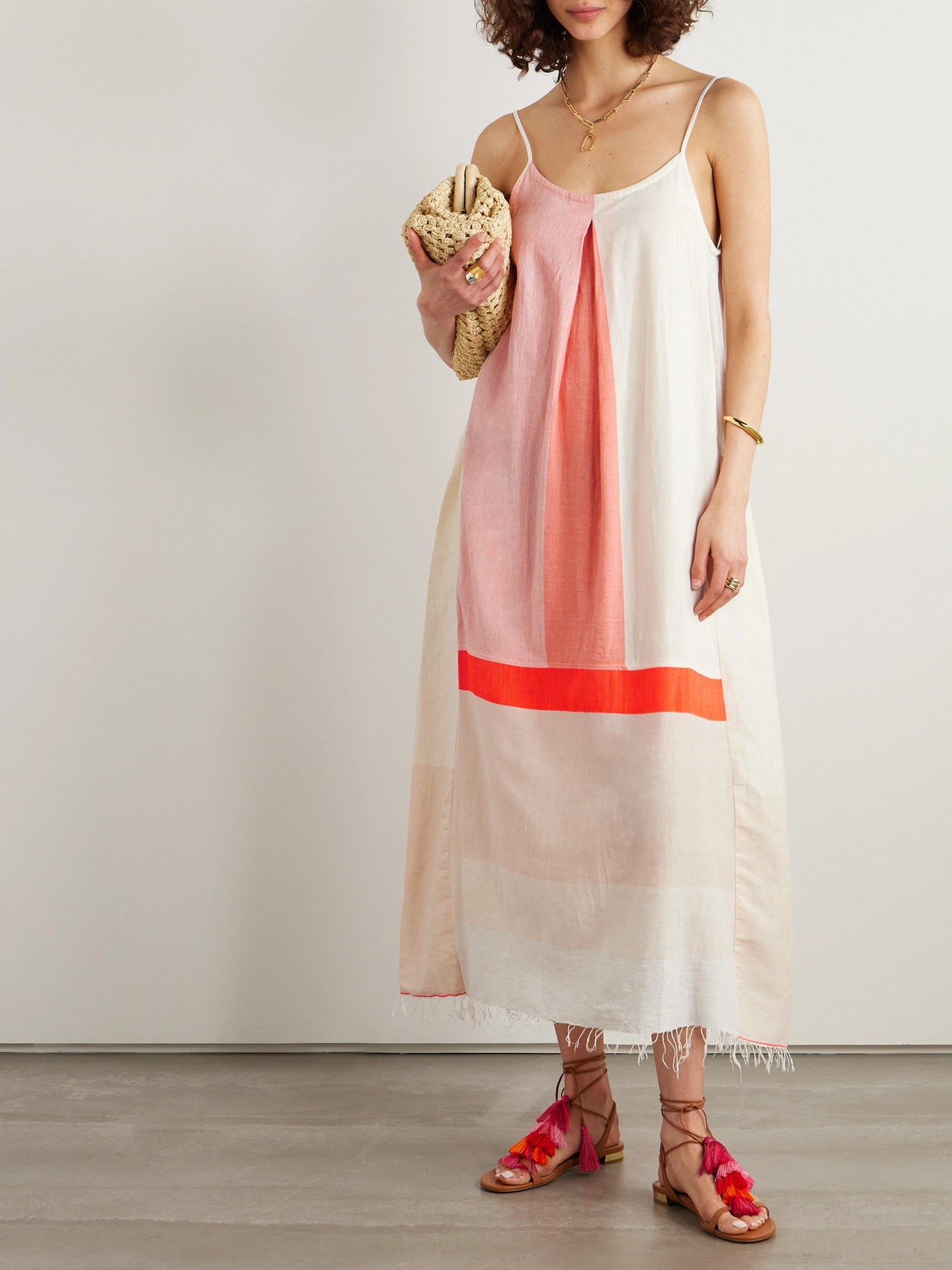 Shop Lemlem Nia Pleated Color-block Cotton-blend Midi Dress In Pink