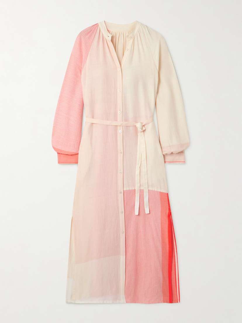 Lemlem Makeda Belted Color-block Cotton-blend Maxi Shirt Dress