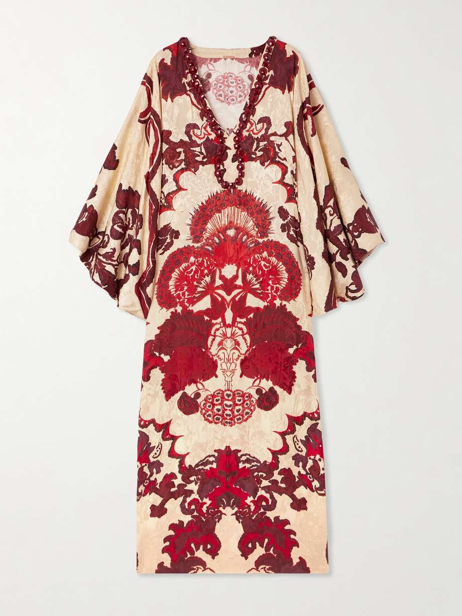 mito romantico draped embellished printed silk-jacquard maxi dress