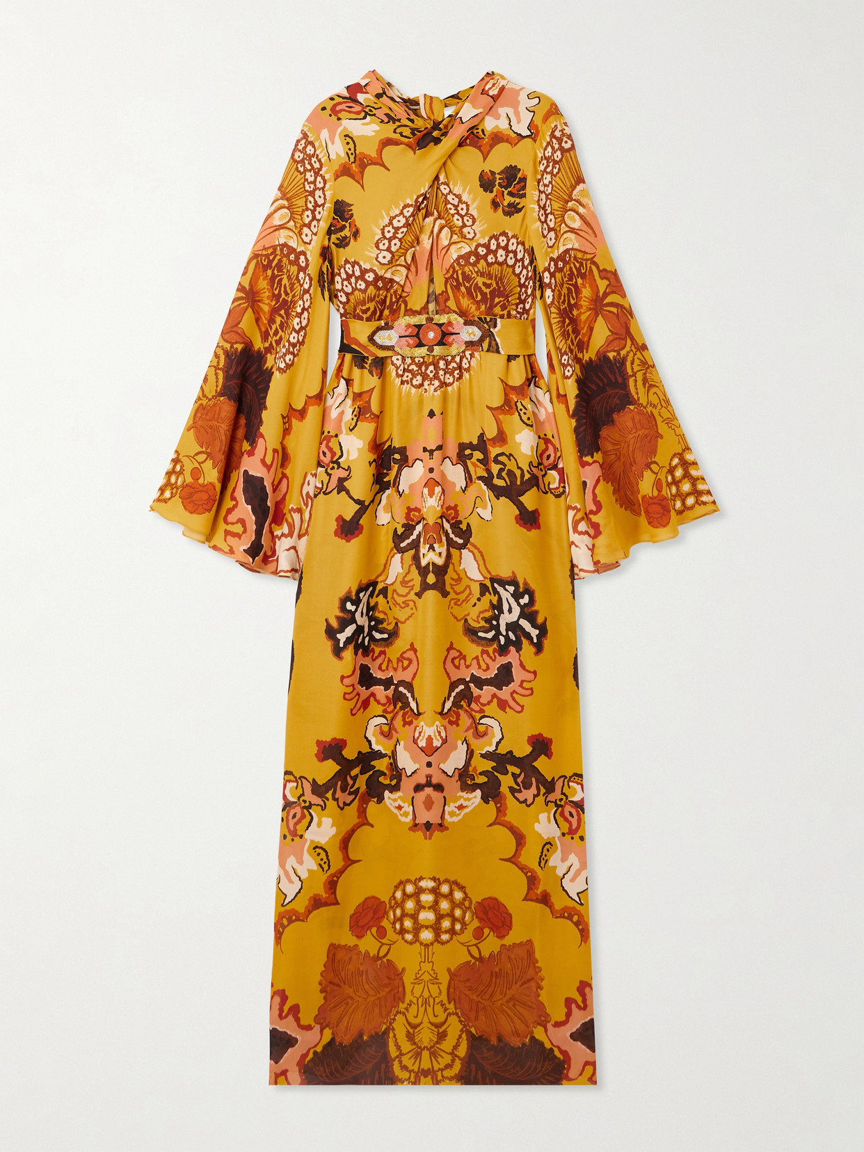 Johanna Ortiz Frontier Melodies Embroidered Printed Silk-georgette Maxi Dress In Yellow