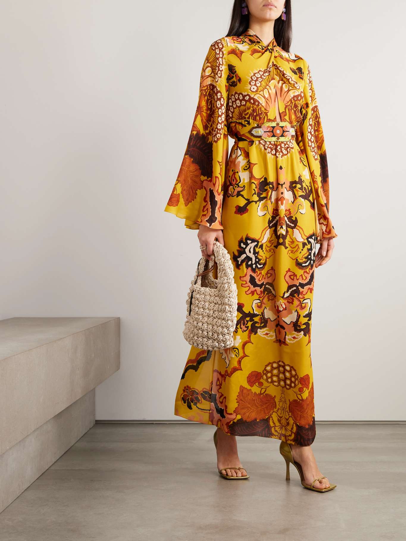 Onion Pink Ethnic Motif Printed Georgette Gathers Maxi Dress With Sequins & Doris