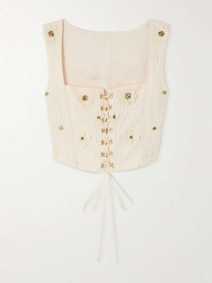 Agua by Agua Bendita Cornalina Embellished Embroidered Linen Bustier Top