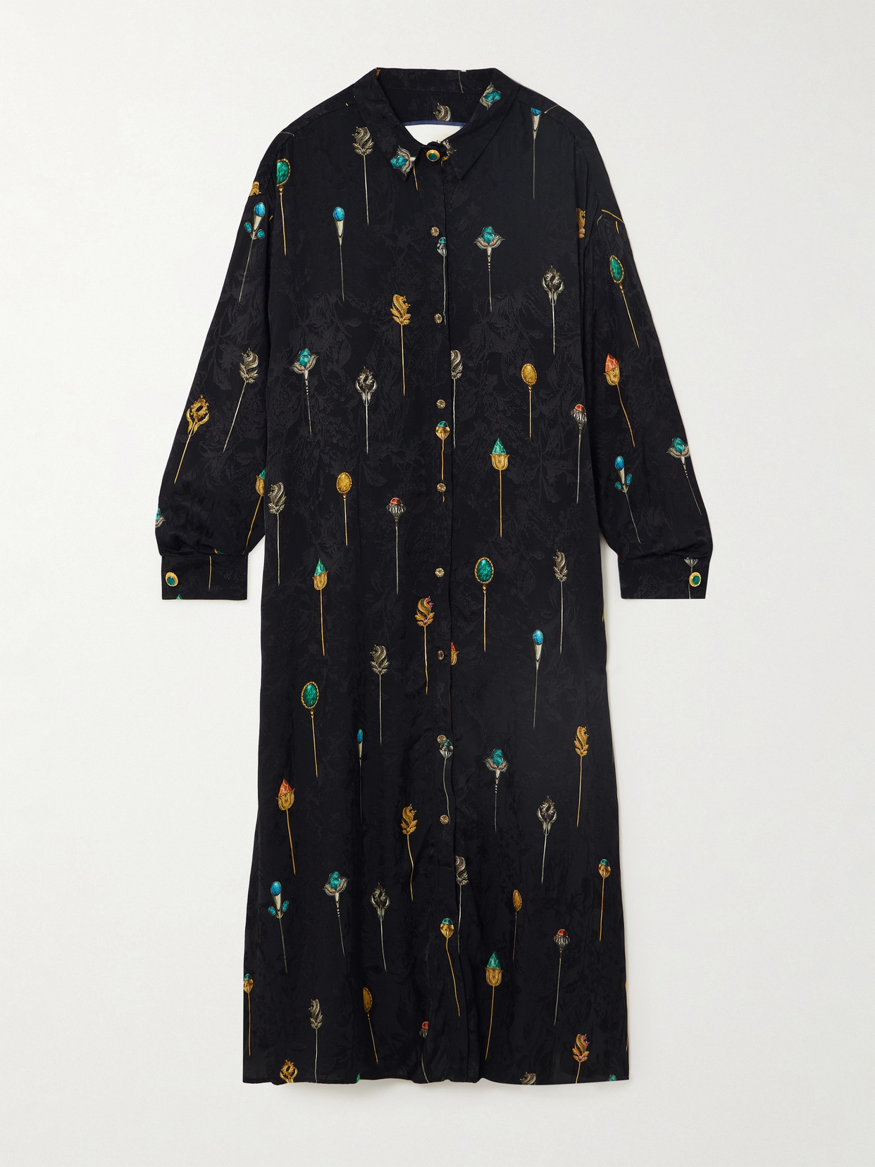 Shop Agua By Agua Bendita + Net Sustain Frida Embellished Printed Jacquard Maxi Shirt Dress In Black