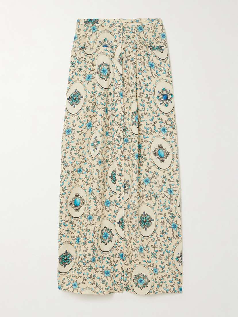 Agua by Agua Bendita Embellished Printed Linen Maxi Skirt - x small