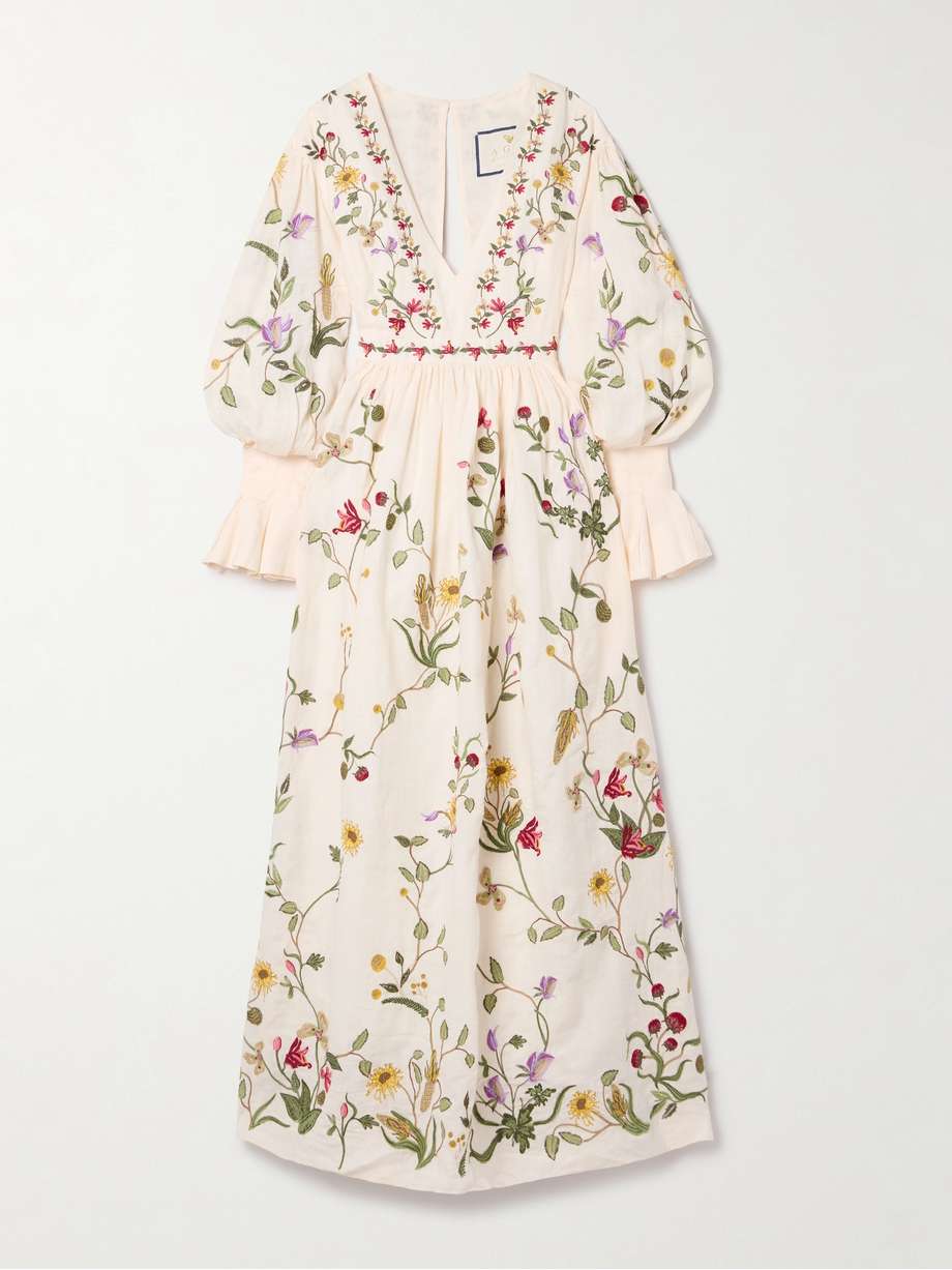 open-back embroidered linen maxi dress