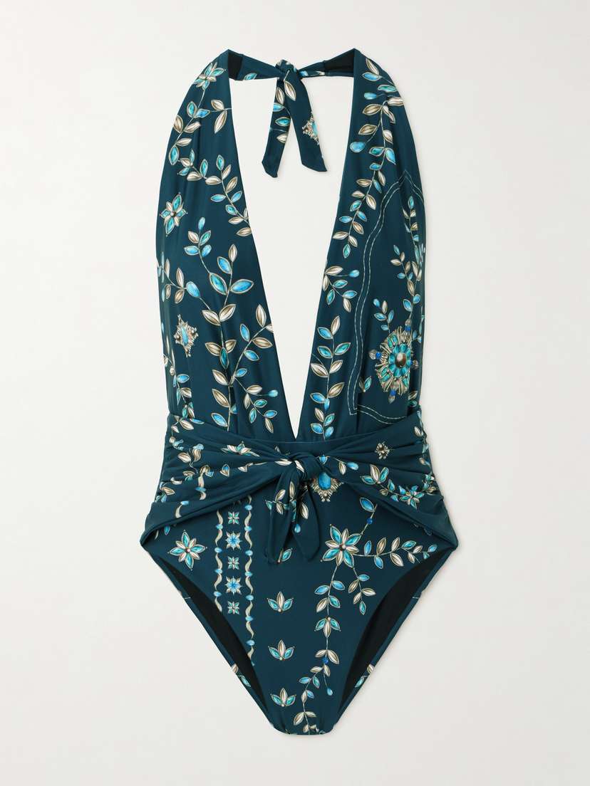 Agua by Agua Bendita Salm Relicario Tie-front Printed Recycled Halterneck Swimsuit