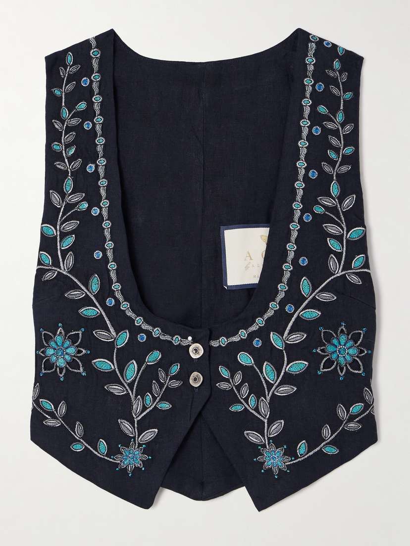 Agua by Agua Bendita Esmeralda Relicario Embroidered Linen Cropped Top