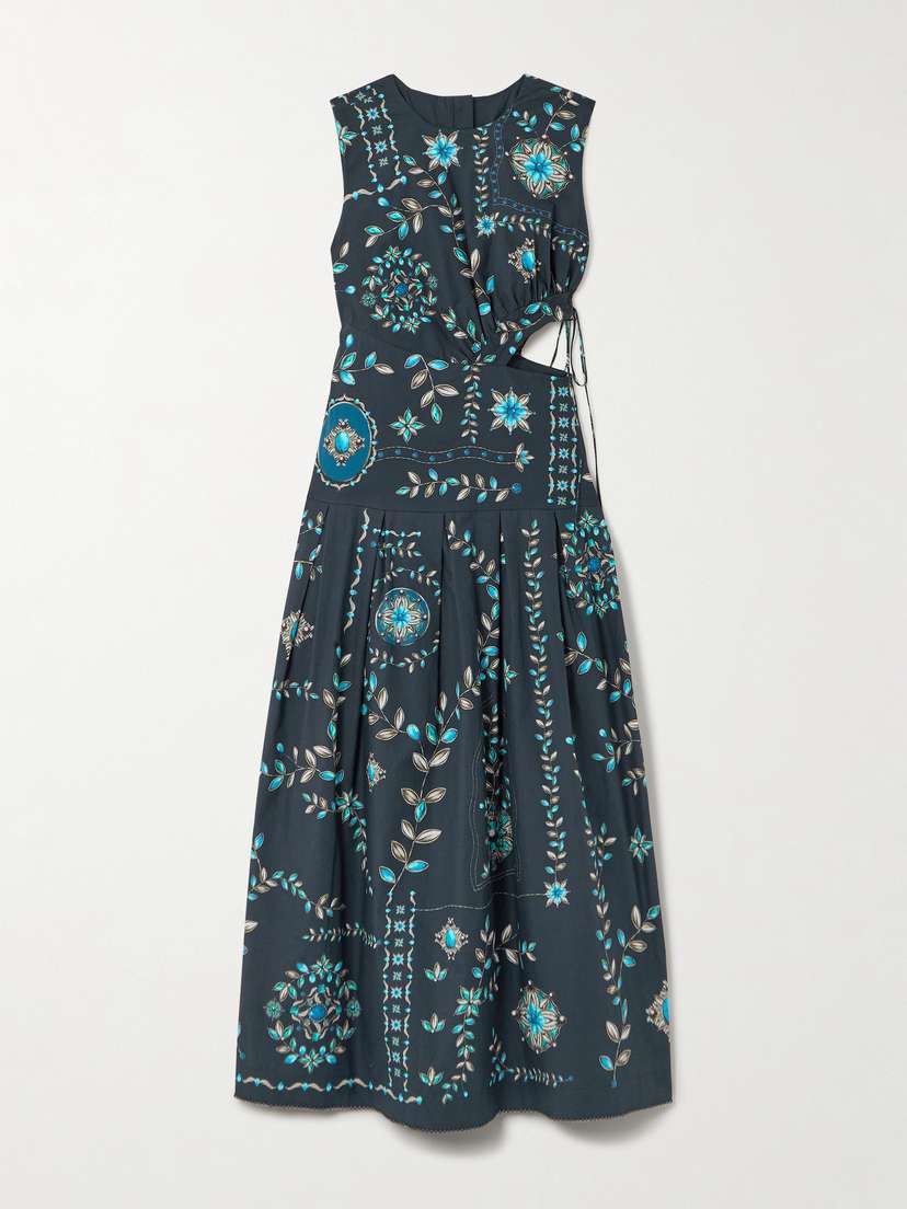Agua by Agua Bendita Otoño Relicario Pleated Cut-out Floral-print Cotton-poplin Midi Dress - x small
