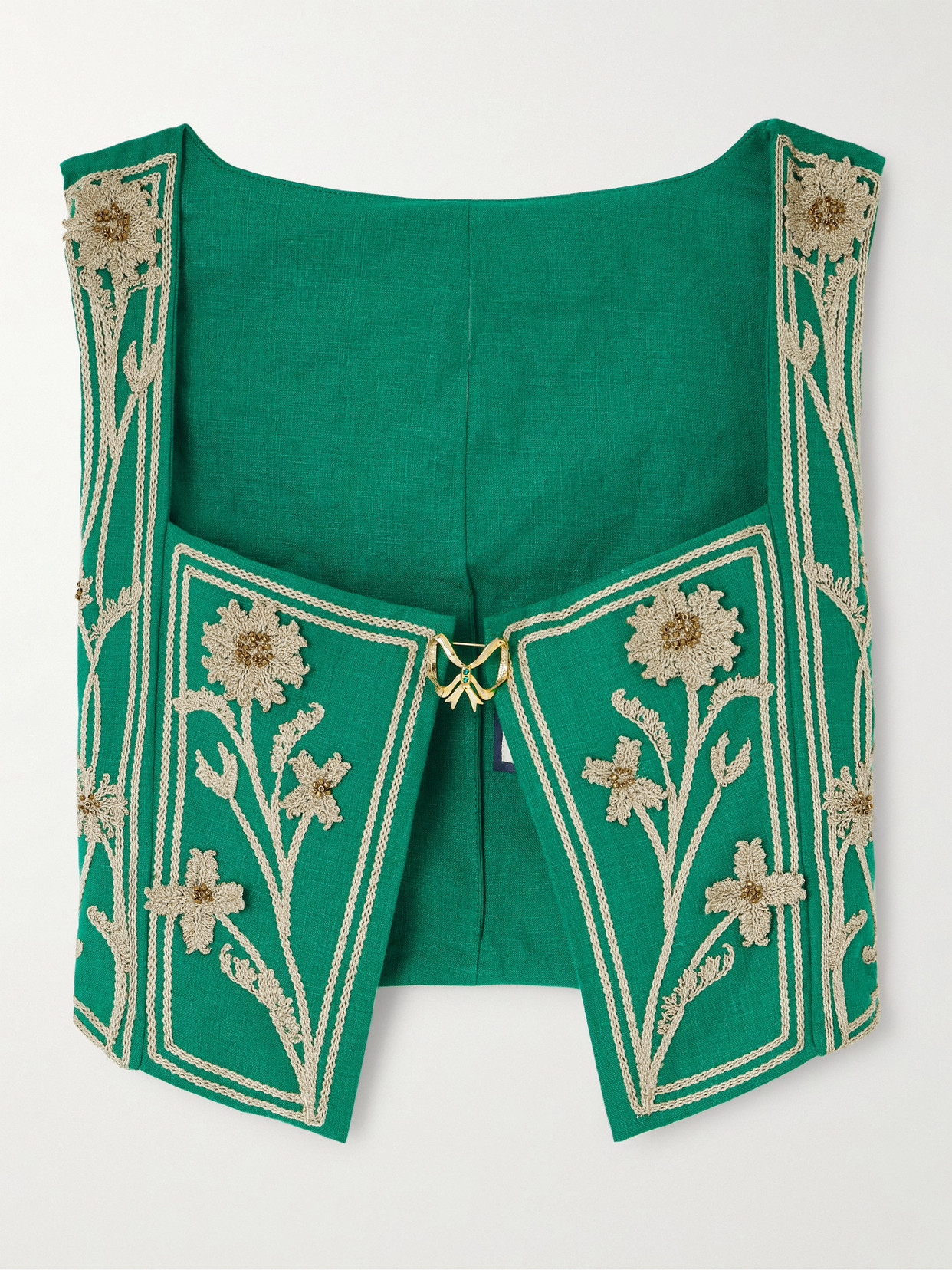 Shop Agua By Agua Bendita Coralina Esmeralda Appliquéd Embroidered Linen Bustier Top In Green