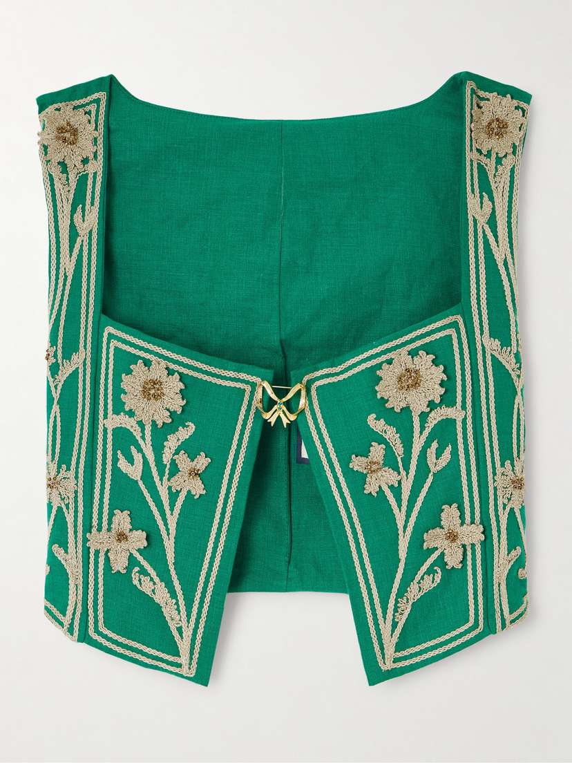 Agua by Agua Bendita Coralina Esmeralda Appliquéd Embroidered Linen Bustier Top