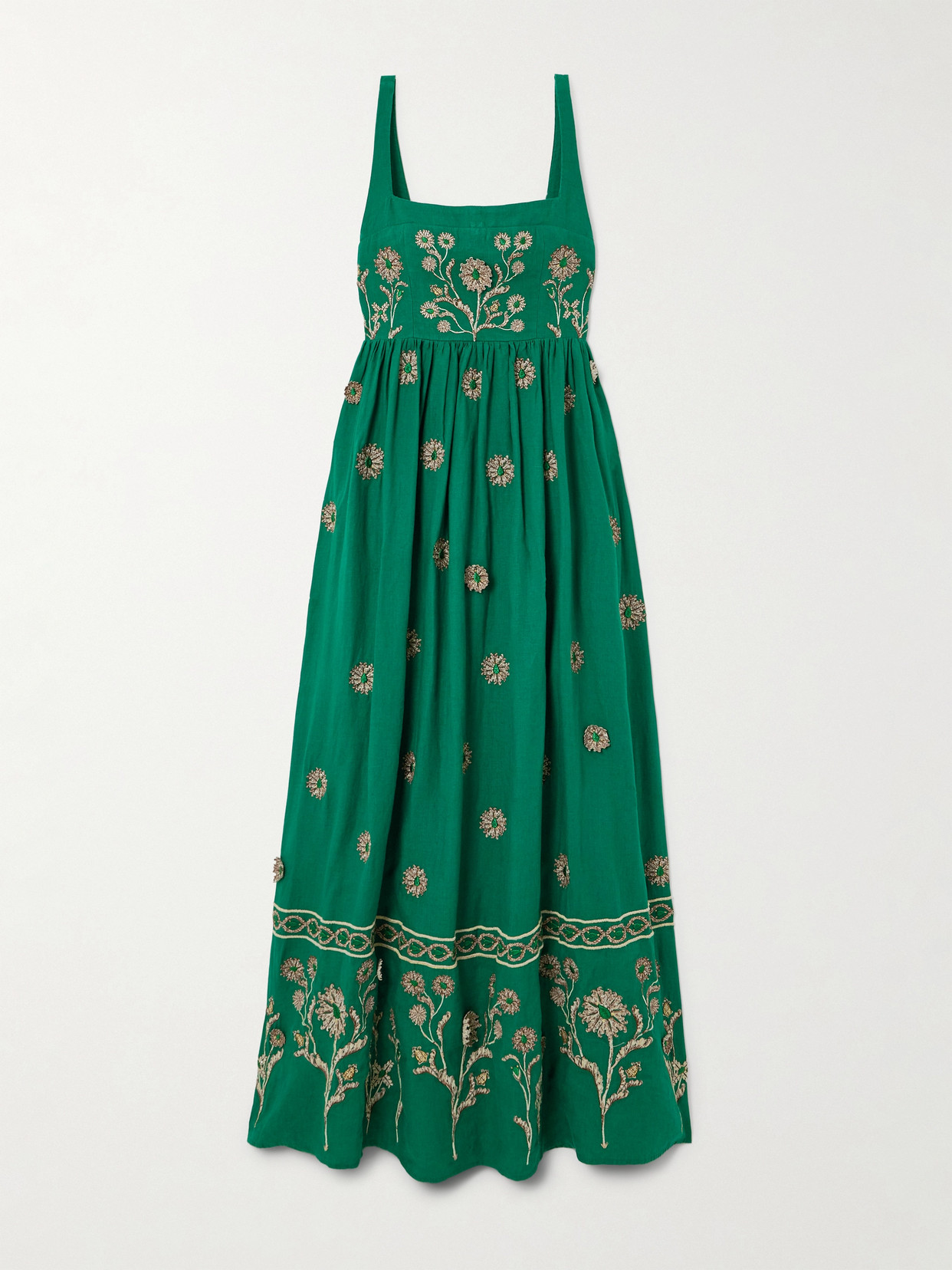 Agua By Agua Bendita Barbara Esmeralda Appliquéd Embroidered Linen Maxi Dress In Green