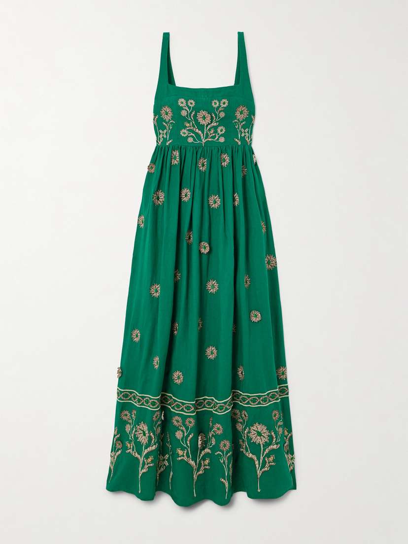 Agua by Agua Bendita Barbara Esmeralda Appliquéd Embroidered Linen Maxi Dress