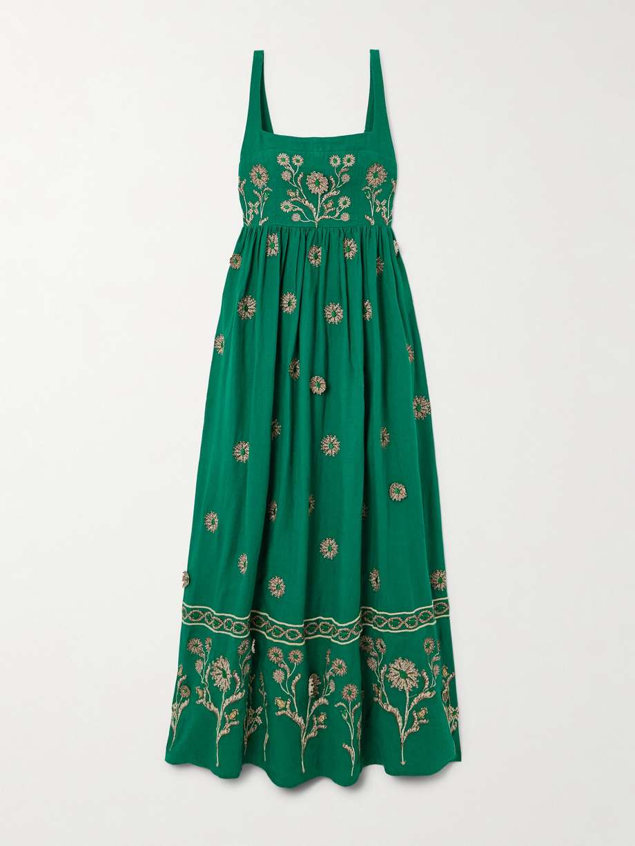 barbara esmeralda appliquéd embroidered linen maxi dress