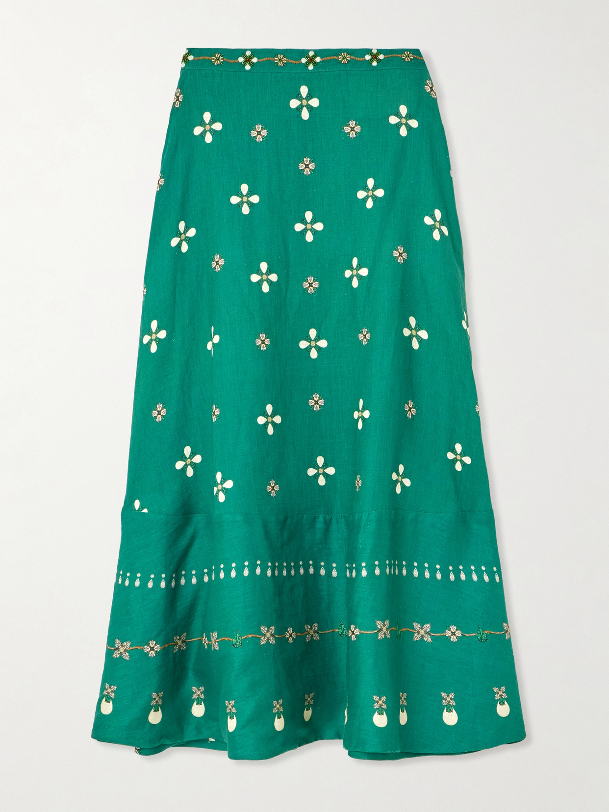 Agua by Agua Bendita - Bel Mar Esmeralda Paneled Embroidered Printed Linen Maxi Skirt - Green