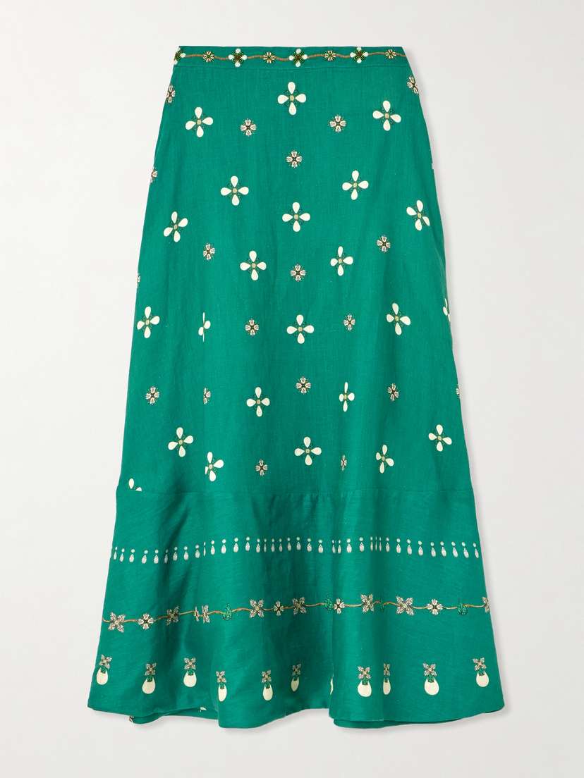 Agua by Agua Bendita Bel Mar Esmeralda Paneled Embroidered Printed Linen Maxi Skirt