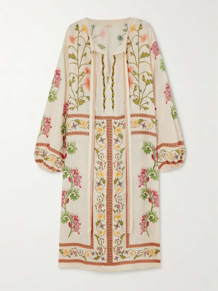 zircon bisutería floral-print linen midi dress
