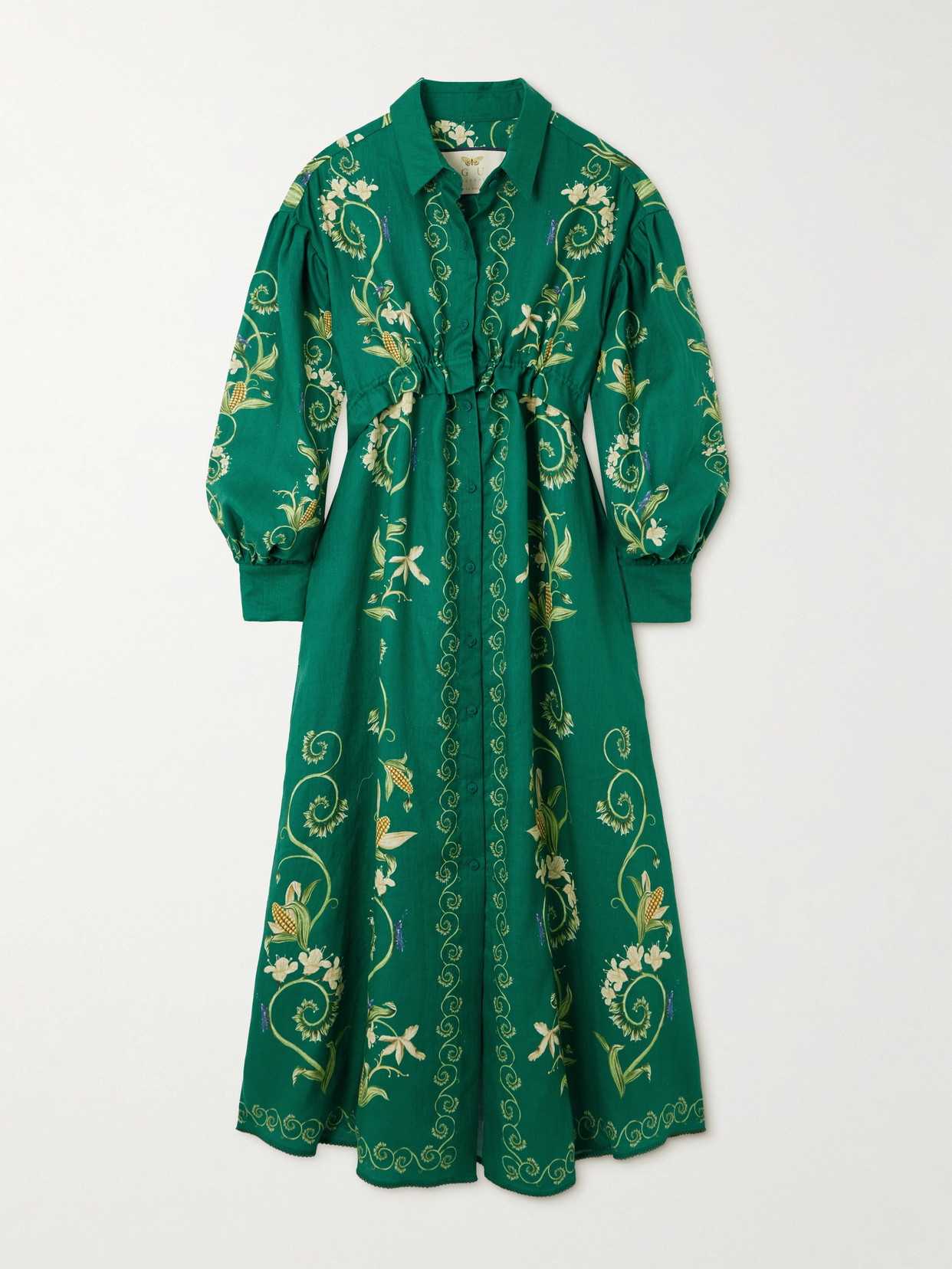 Agua By Agua Bendita Taos Esmeralda Embroidered Printed Linen Maxi Shirt Dress In Green