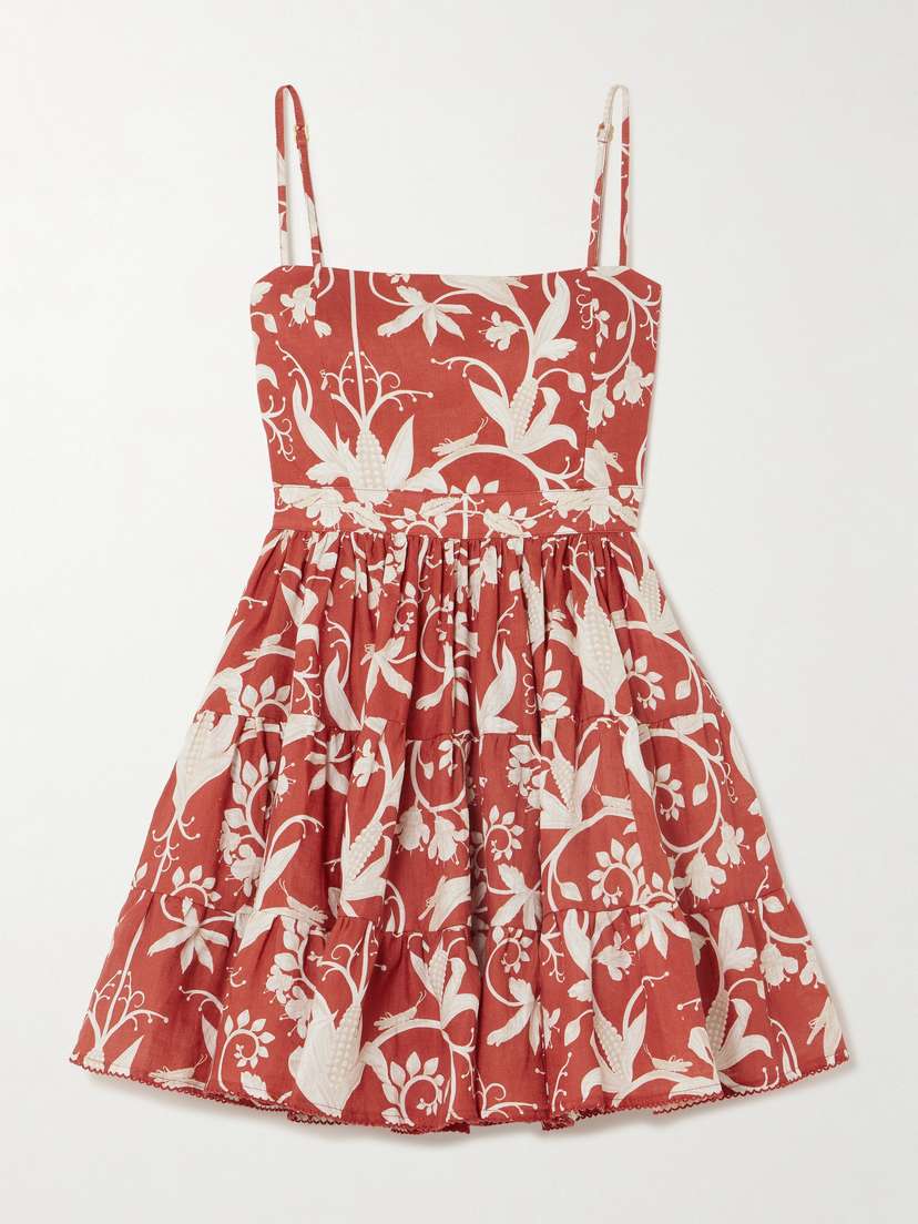 Agua by Agua Bendita Lima Tiered Embellished Printed Linen Mini Dress