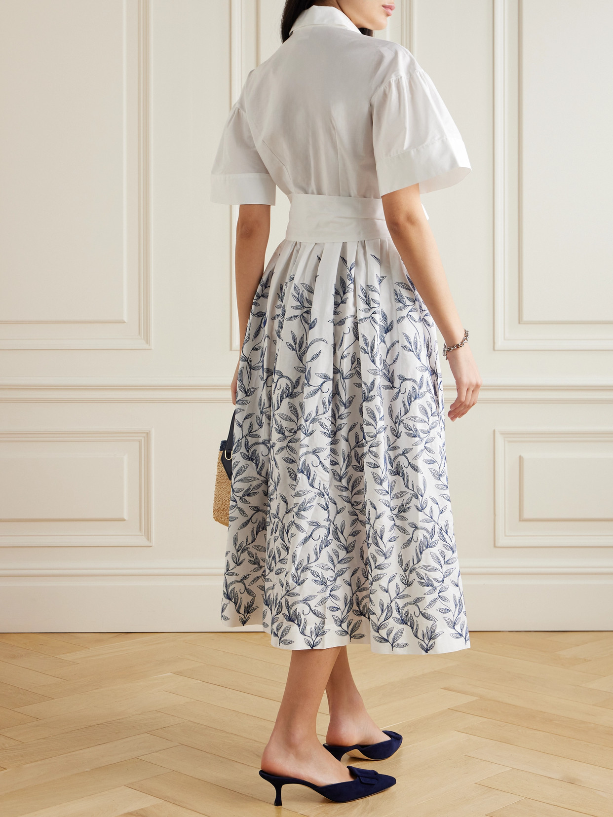 Shop Loretta Caponi + Net Sustain Zoe Belted Embroidered Cotton-poplin Midi Shirt Dress In Blue