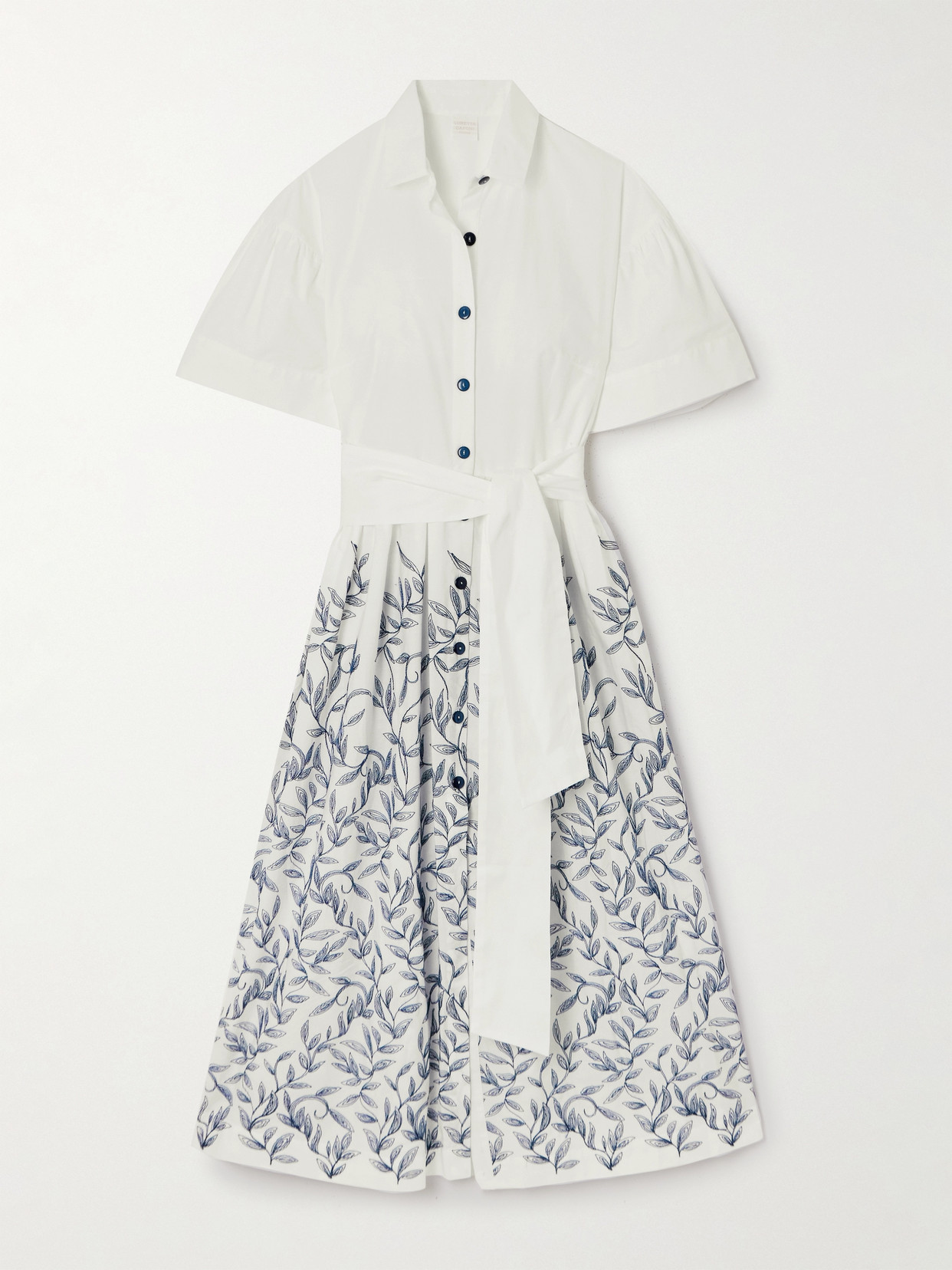 Loretta Caponi + Net Sustain Zoe Belted Embroidered Cotton-poplin Midi Shirt Dress In Blue