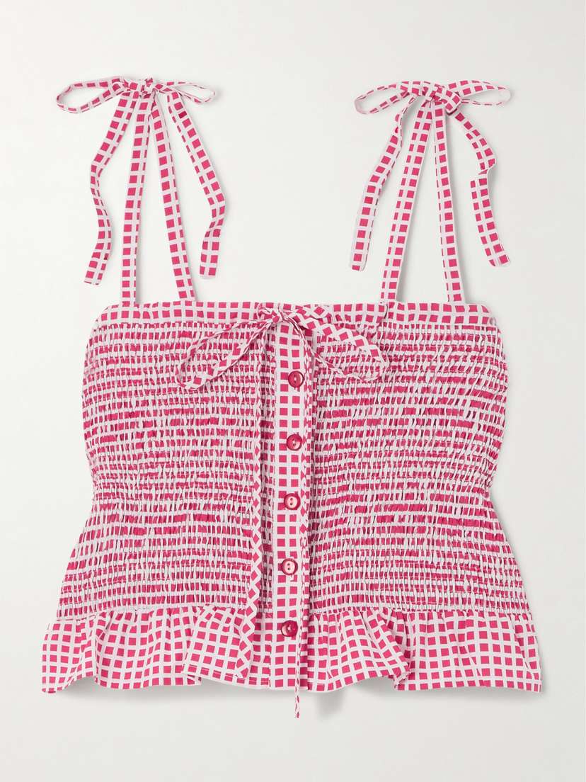 Loretta Caponi Shirred Checked Cotton-poplin Top