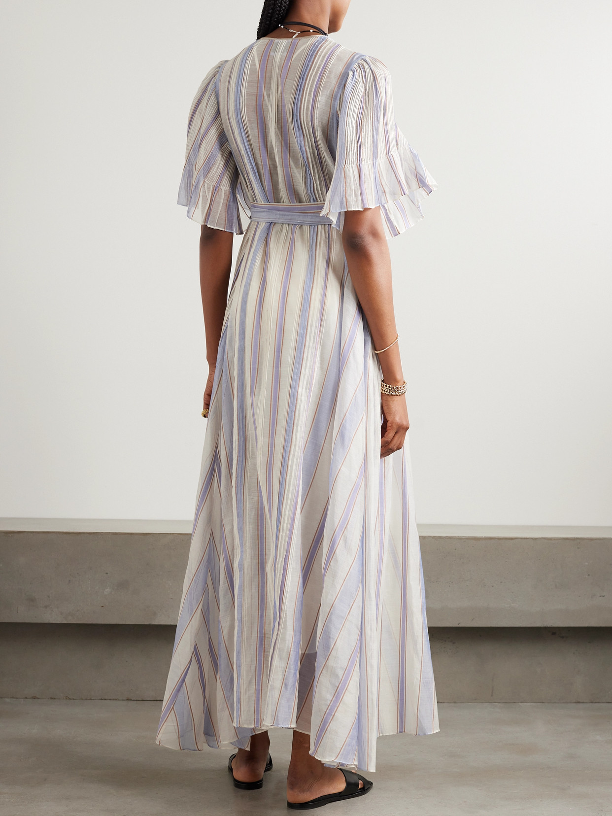 Shop Thierry Colson Zosca Pintucked Striped Lurex-trimmed Cotton And Silk-blend Voile Maxi Dress In Cream