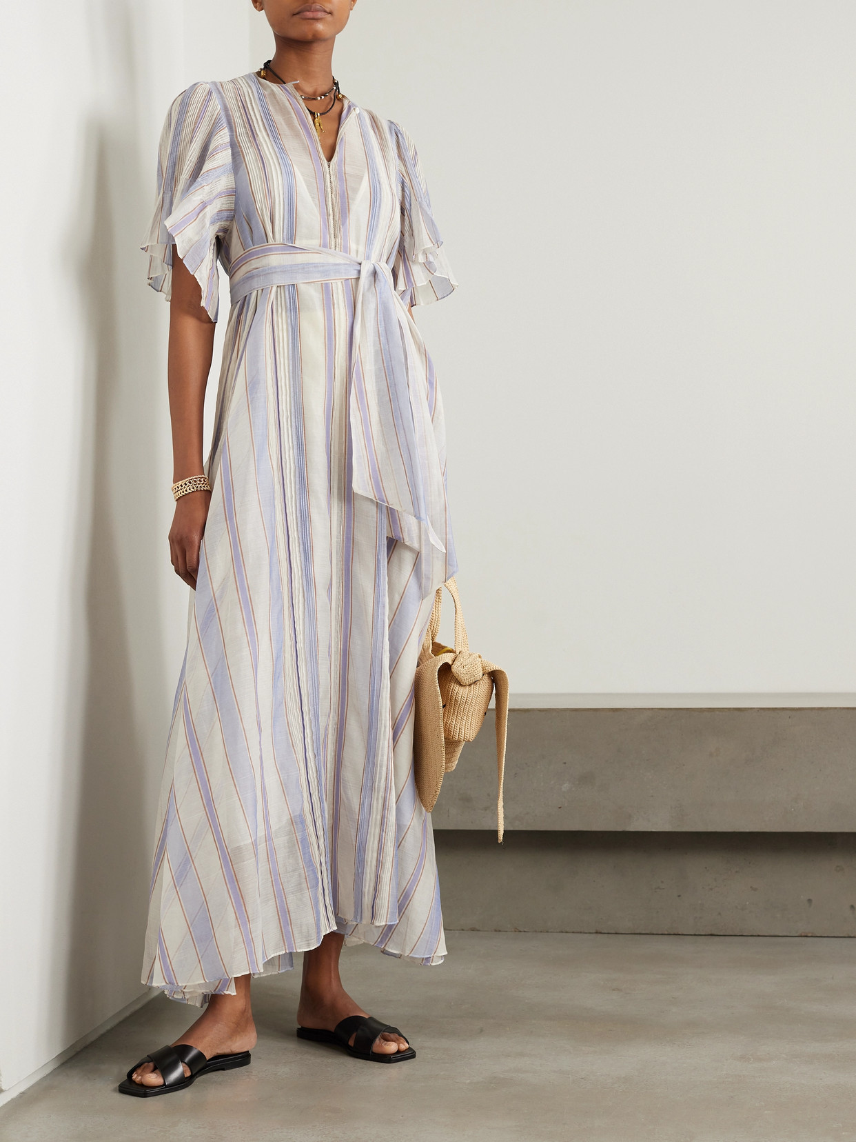 Shop Thierry Colson Zosca Pintucked Striped Lurex-trimmed Cotton And Silk-blend Voile Maxi Dress In Cream