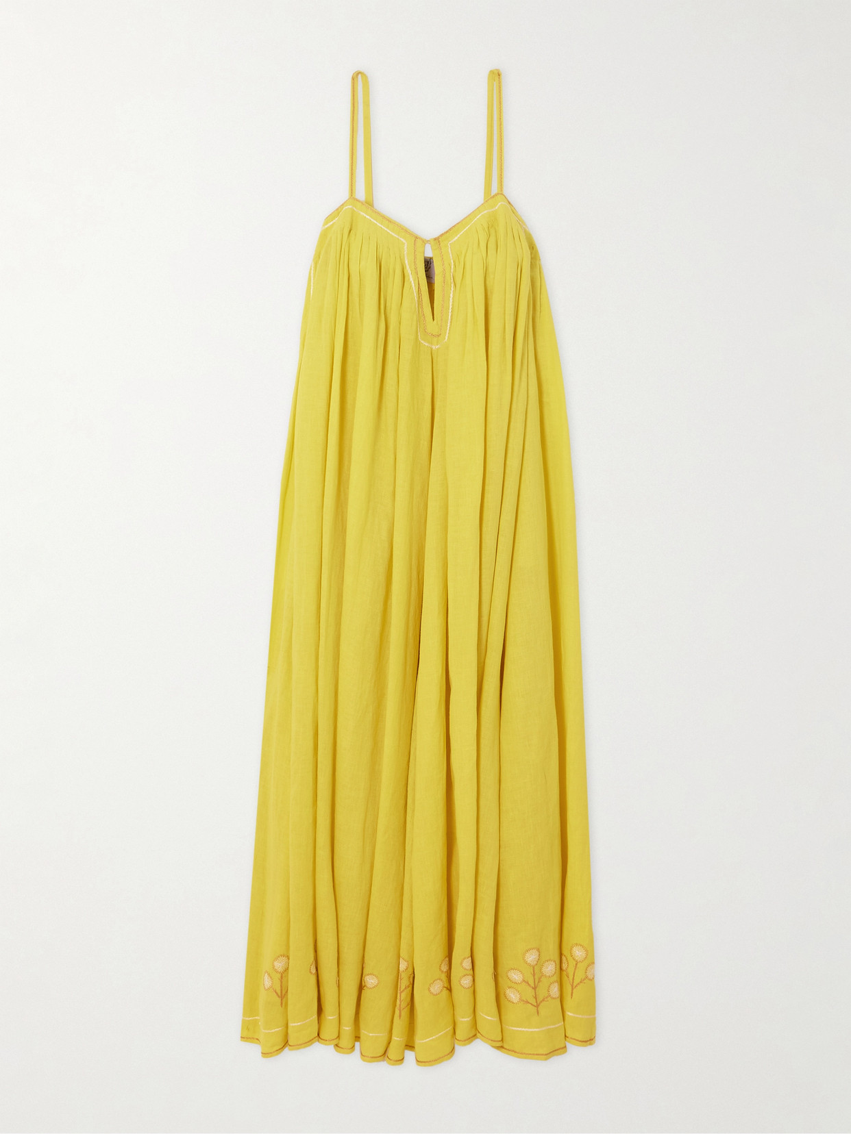 Thierry Colson Zenobia Pintucked Embroidered Linen Maxi Dress In Yellow