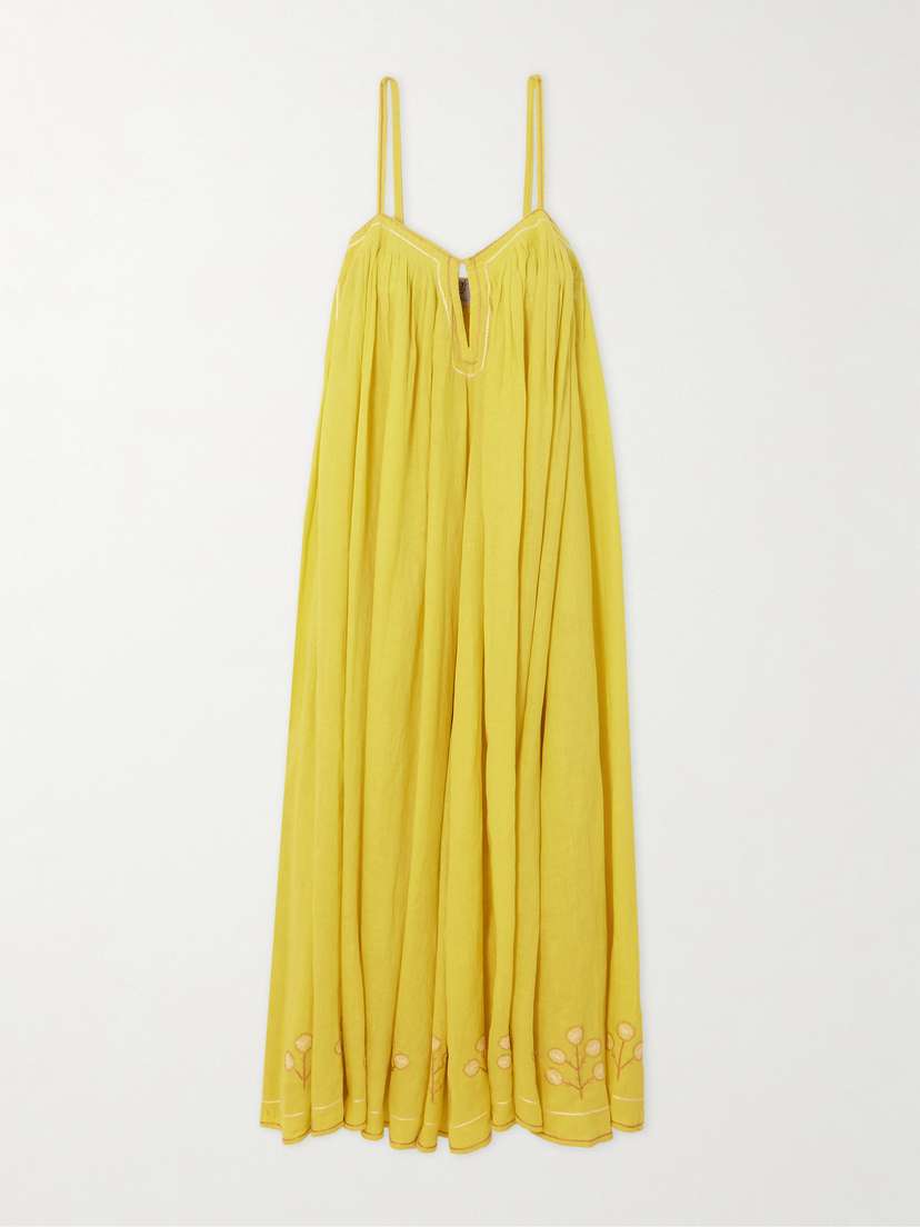 Thierry Colson Zenobia Pintucked Embroidered Linen Maxi Dress