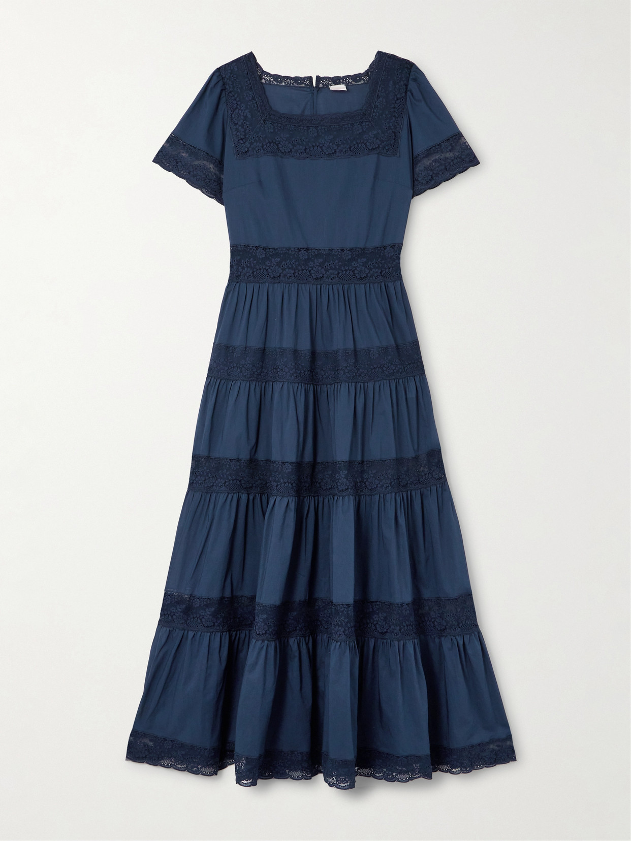 Loretta Caponi Tiered Lace-trimmed Cotton-poplin Midi Dress In Blue