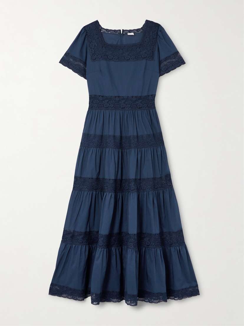 Loretta Caponi Tiered Lace-trimmed Cotton-poplin Midi Dress