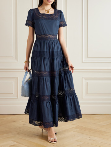 Loretta Caponi Tiered lace-trimmed cotton-poplin midi dress