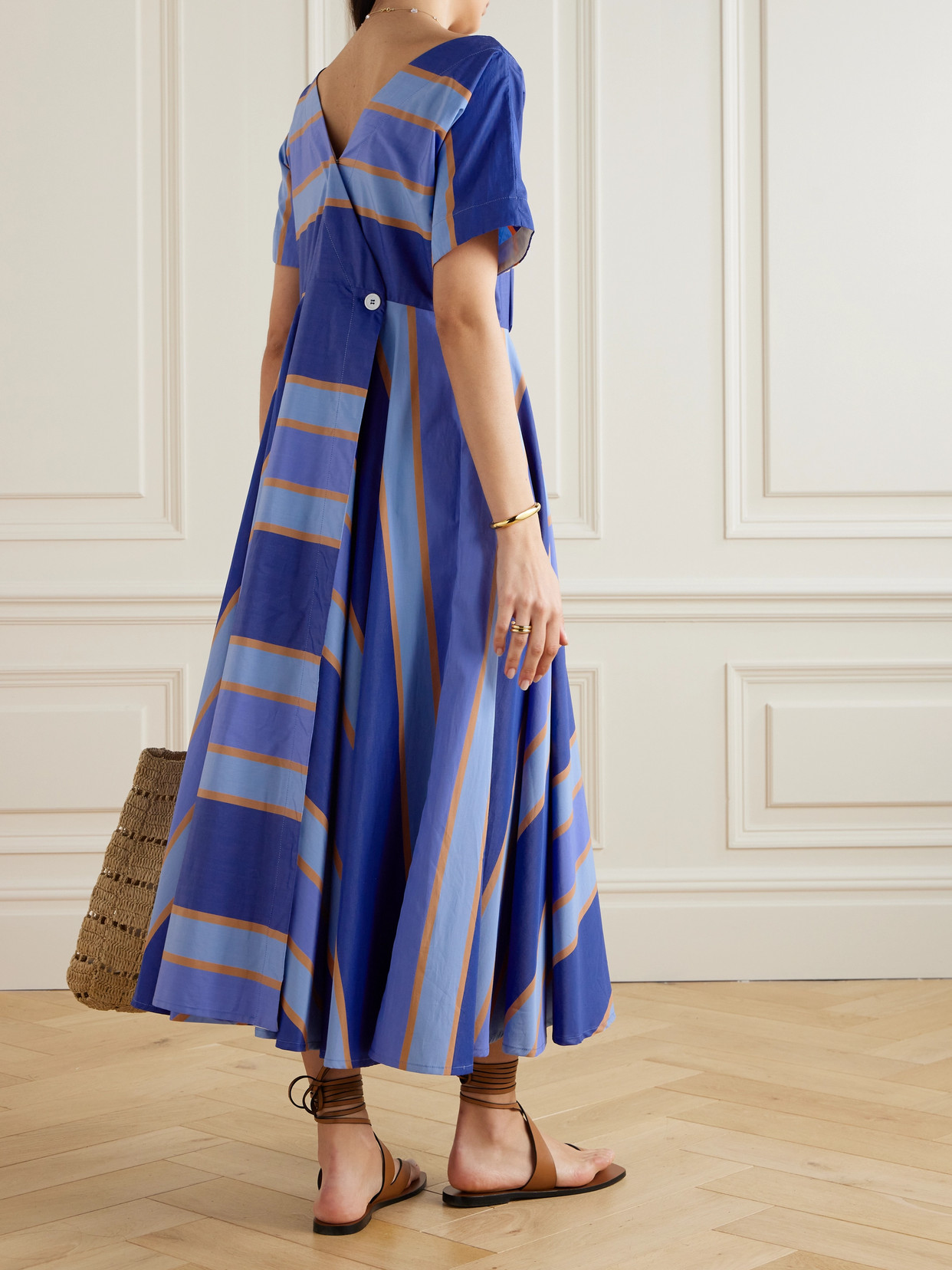 Shop Thierry Colson Allegria Pleated Striped Cotton-poplin Wrap Midi Dress In Blue