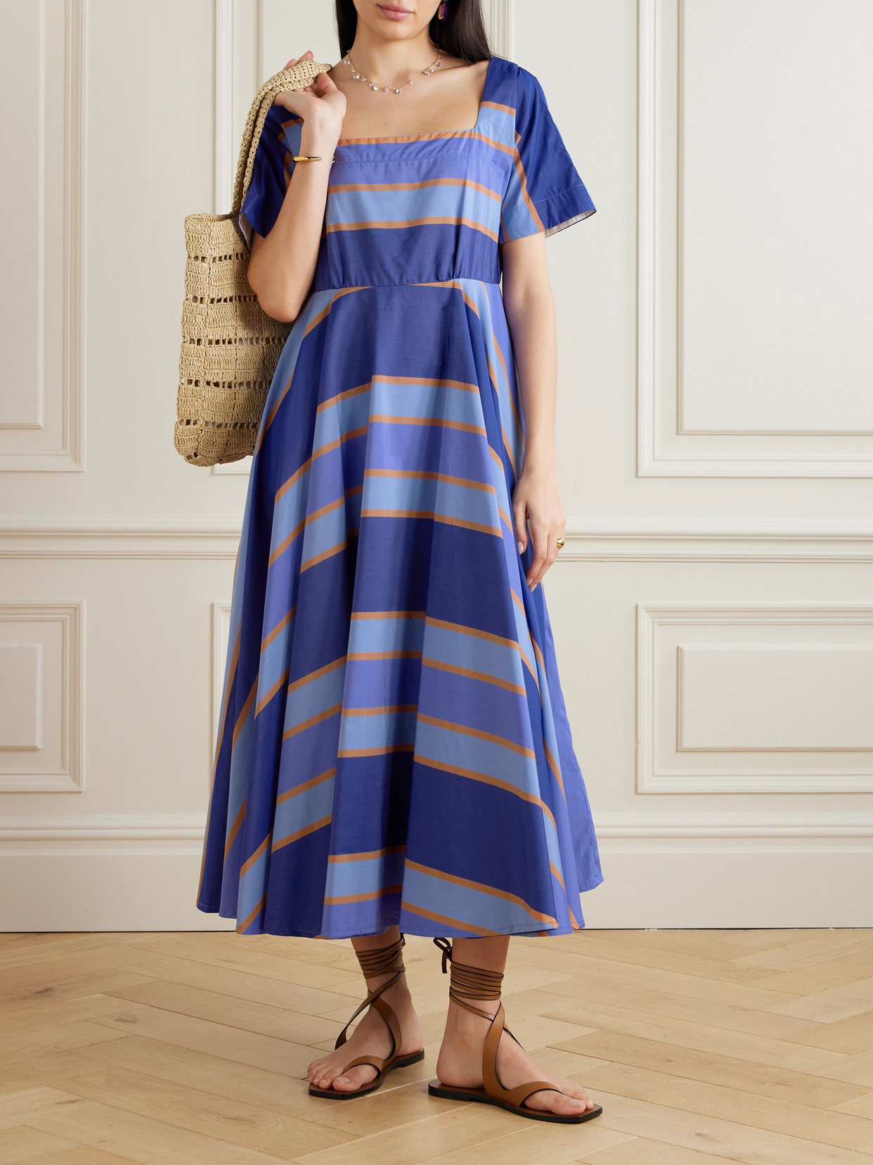 Shop Thierry Colson Allegria Pleated Striped Cotton-poplin Wrap Midi Dress In Blue