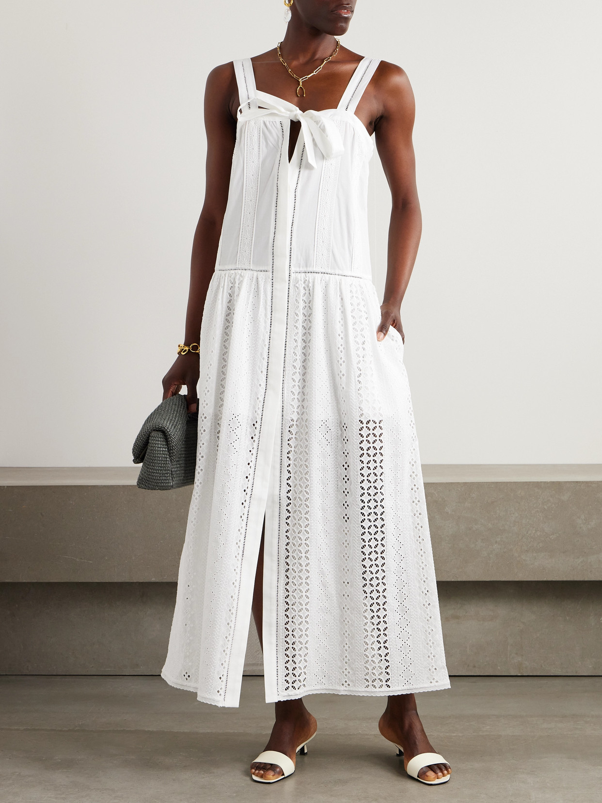 Shop Loretta Caponi Cassiopea Bow-detailed Broderie Anglaise And Cotton-poplin Maxi Dress In White