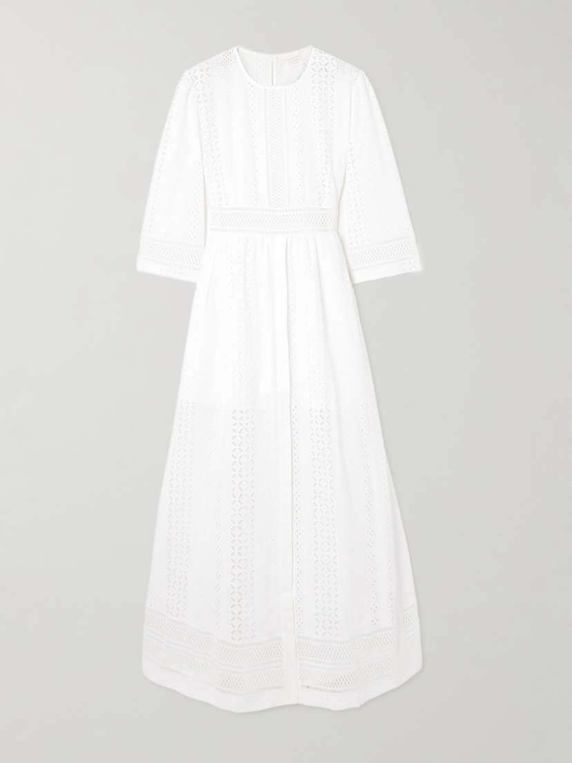 Loretta Caponi Broderie Anglaise Cotton Midi Dress