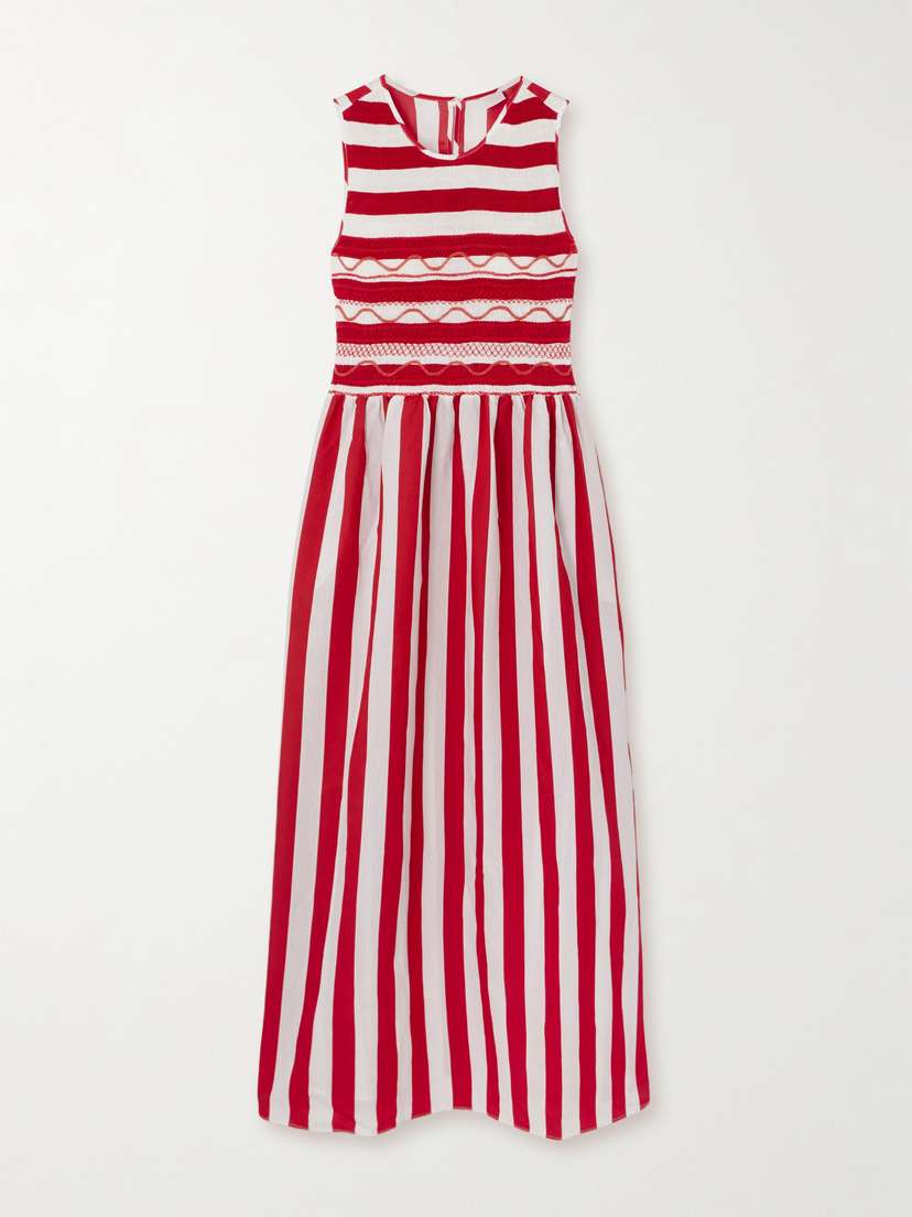 Loretta Caponi Gioia Smocked Embroidered Striped Cotton-poplin Maxi Dress - x large
