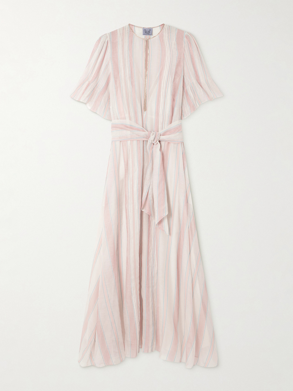 Thierry Colson Zosca Pintucked Striped Lurex-trimmed Cotton And Silk-blend Voile Maxi Dress In Pink